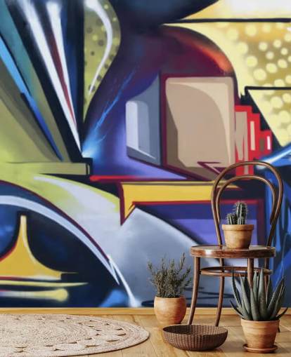 Personalisierbare Graffiti-Tapete in Blau und Gold namens Graffiti Zone für Schlafzimmer