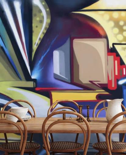 mural de papel de parede de grafite personalizável azul e dourado chamado Graffiti Zone para quartos mural de papel de parede de grafite personalizável azul e dourado chamado Graffiti Zone para quartos