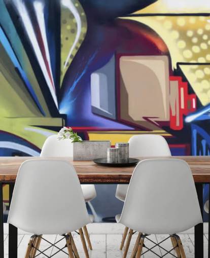 Personalisierbare Graffiti-Tapete in Blau und Gold namens Graffiti Zone für Schlafzimmer