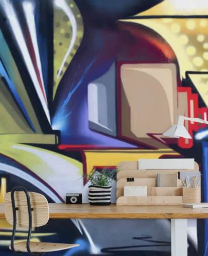 blue and gold customizable graffiti wallpaper mural called Graffiti Zone for bedrooms