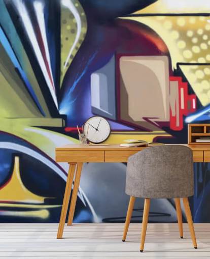 blue and gold customisable graffiti wallpaper mural called Graffiti Zone for bedrooms