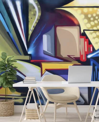 blue and gold customizable graffiti wallpaper mural called Graffiti Zone for bedrooms