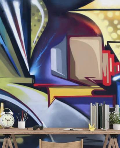 blue and gold customizable graffiti wallpaper mural called Graffiti Zone for bedrooms