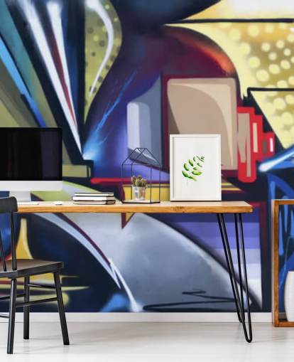 blue and gold customizable graffiti wallpaper mural called Graffiti Zone for bedrooms