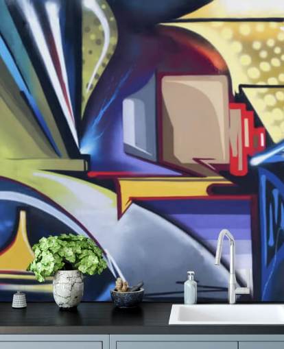 blue and gold customizable graffiti wallpaper mural called Graffiti Zone for bedrooms