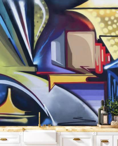 blue and gold customizable graffiti wallpaper mural called Graffiti Zone for bedrooms