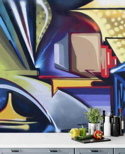 blauwe en gouden aanpasbare graffitibehangmuurschildering genaamd Graffiti Zone voor slaapkamers