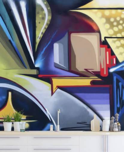 mural de papel pintado de graffiti personalizable azul y dorado llamado Graffiti Zone para dormitorios mural de papel pintado de graffiti personalizable azul y dorado llamado Graffiti Zone para dormitorios