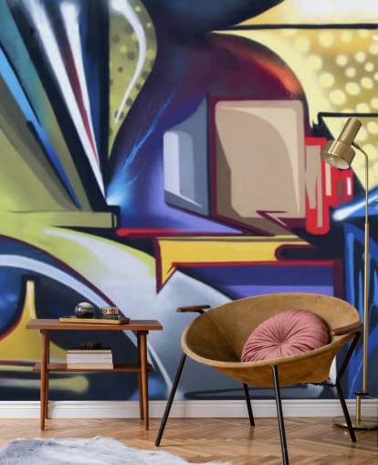 mural de papel pintado de graffiti personalizable azul y dorado llamado Graffiti Zone para dormitorios