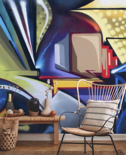 mural de papel pintado de graffiti personalizable azul y dorado llamado Graffiti Zone para dormitorios