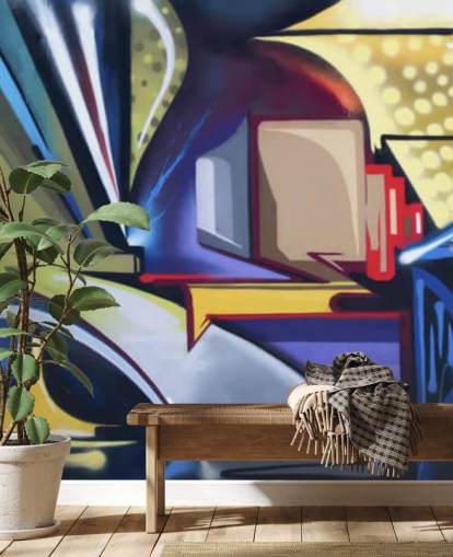 mural de papel pintado de graffiti personalizable azul y dorado llamado Graffiti Zone para dormitorios