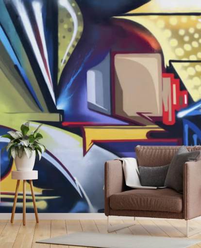 blue and gold customizable graffiti wallpaper mural called Graffiti Zone for bedrooms