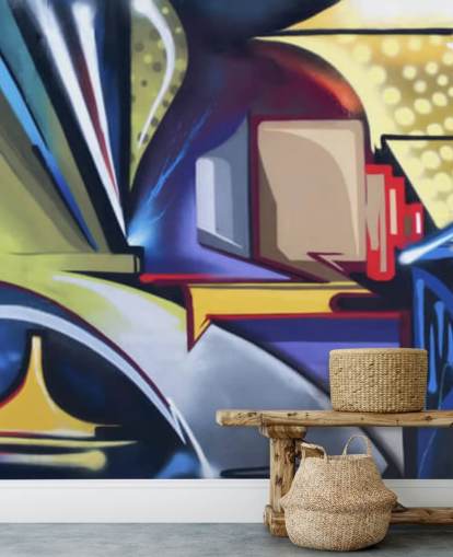 blue and gold customizable graffiti wallpaper mural called Graffiti Zone for bedrooms