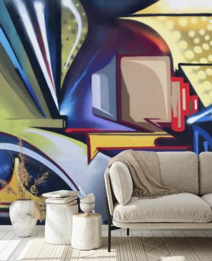 blue and gold customizable graffiti wallpaper mural called Graffiti Zone for bedrooms