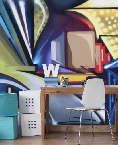 blue and gold customisable graffiti wallpaper mural called Graffiti Zone for bedrooms