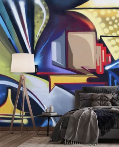blauwe en gouden aanpasbare graffitibehangmuurschildering genaamd Graffiti Zone voor slaapkamers