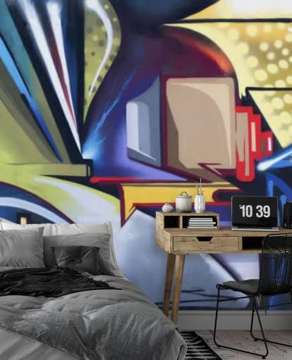 blue and gold customizable graffiti wallpaper mural called Graffiti Zone for bedrooms blue and gold customizable graffiti wallpaper mural called Graffiti Zone for bedrooms