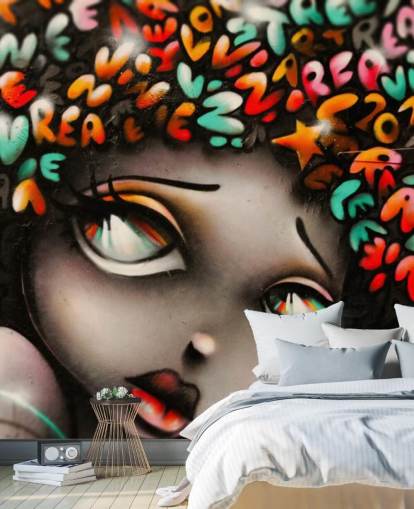 mural colorido de arte callejero llamado Word Head Graffiti para dormitorios y negocios