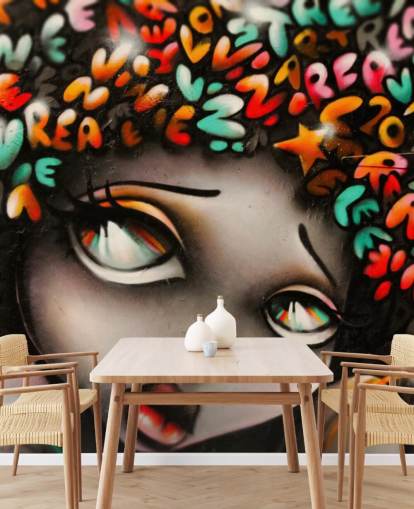 farbenfrohes Street-Art-Wandbild namens Word Head Graffiti für Schlafzimmer und Unternehmen