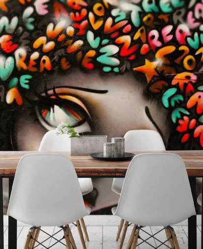 colorful street art wallpaper mural called Word Head Graffiti for bedrooms and businesses