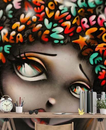 farbenfrohes Street-Art-Wandbild namens Word Head Graffiti für Schlafzimmer und Unternehmen