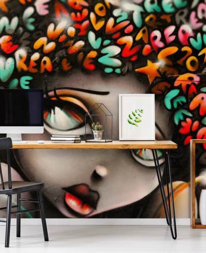 mural colorido de arte callejero llamado Word Head Graffiti para dormitorios y negocios