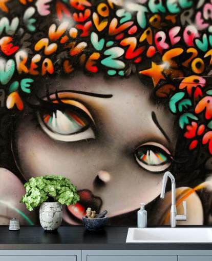 carta da parati murale colorata di street art chiamata Word Head Graffiti per camere da letto e aziende