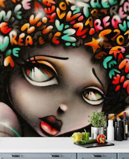 mural colorido de arte callejero llamado Word Head Graffiti para dormitorios y negocios