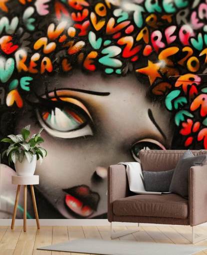 colorful street art wallpaper mural called Word Head Graffiti for bedrooms and businesses