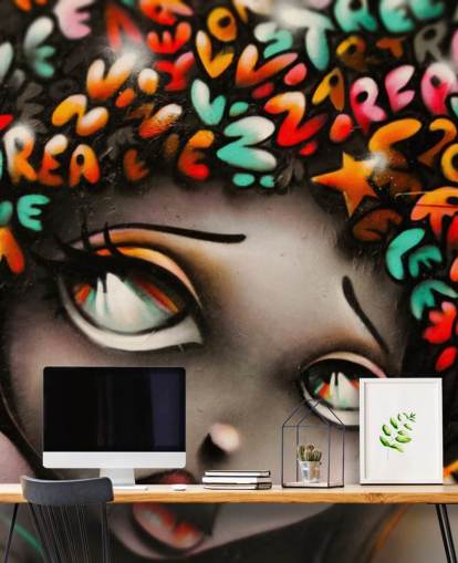 kleurrijke street art behangmuurschildering genaamd Word Head Graffiti voor slaapkamers en bedrijven