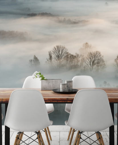 Fotobehang wintermist boven bomen Fotobehang wintermist boven bomen