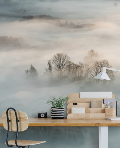 Fotobehang wintermist boven bomen Fotobehang wintermist boven bomen