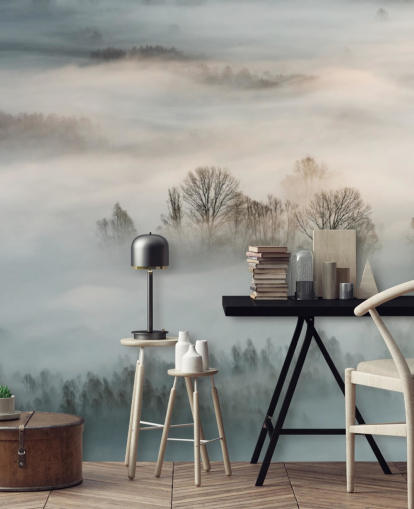 Fotobehang wintermist boven bomen