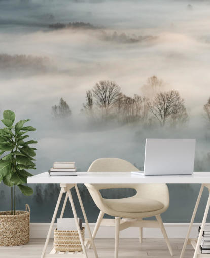 mural de pared de niebla invernal sobre árboles