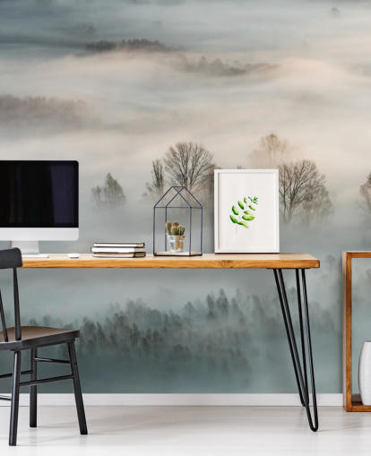 mural de parede de neblina de inverno sobre árvores