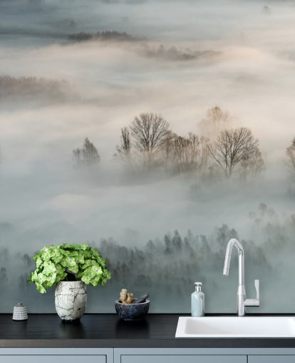 mural de parede de neblina de inverno sobre árvores