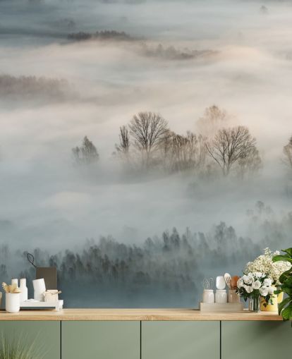 Fotobehang wintermist boven bomen Fotobehang wintermist boven bomen