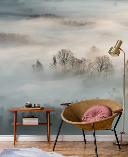 mural de parede de neblina de inverno sobre árvores