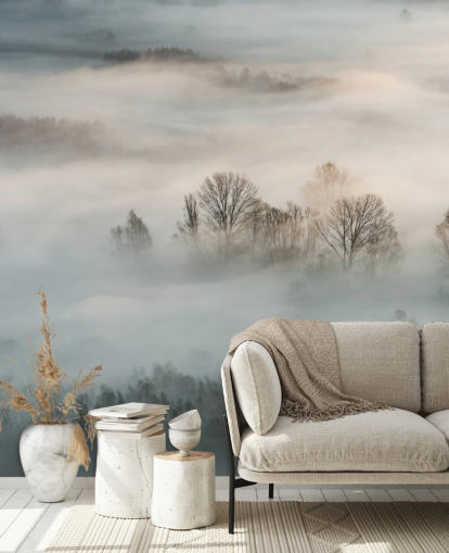 mural de parede de neblina de inverno sobre árvores