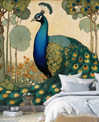 blue, teal and gold peacock wall mural called Art Nouveau Peacock for bedrooms, living rooms and dining rooms blue, teal and gold peacock wall mural called Art Nouveau Peacock for bedrooms, living rooms and dining rooms