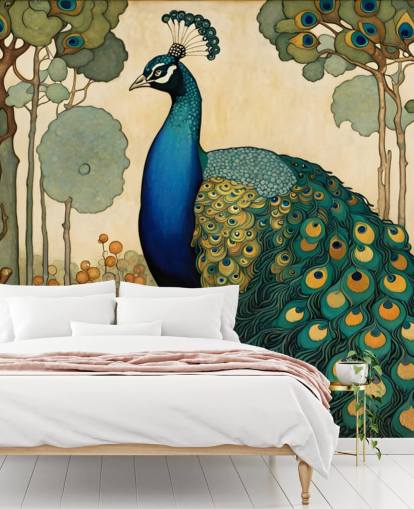 blå, blågrønn og gull påfugl veggmaleri kalt Art Nouveau Peacock for soverom, stuer og spiserom