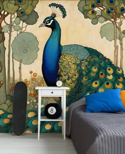 murale con pavone blu, verde acqua e oro chiamato Art Nouveau Peacock per camere da letto, salotti e sale da pranzo