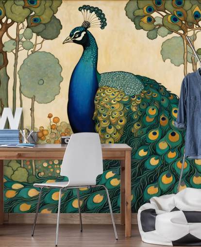 blue, teal and gold peacock wall mural called Art Nouveau Peacock for bedrooms, living rooms and dining rooms blue, teal and gold peacock wall mural called Art Nouveau Peacock for bedrooms, living rooms and dining rooms