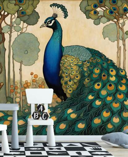 blue, teal and gold peacock wall mural called Art Nouveau Peacock for bedrooms, living rooms and dining rooms