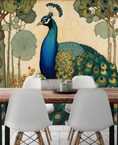 Blaues, blaugrünes und goldenes Pfau-Wandbild namens Jugendstil-Pfau für Schlafzimmer, Wohn- und Esszimmer