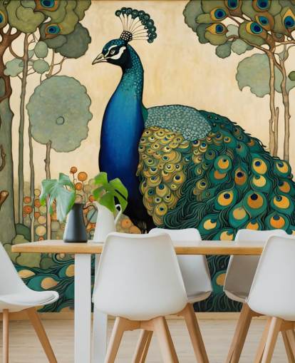 blue, teal and gold peacock wall mural called Art Nouveau Peacock for bedrooms, living rooms and dining rooms