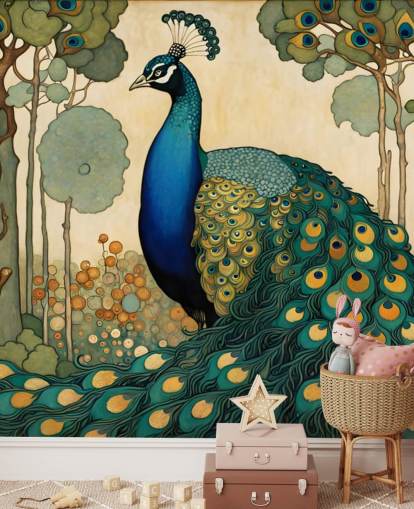 blue, teal and gold peacock wall mural called Art Nouveau Peacock for bedrooms, living rooms and dining rooms