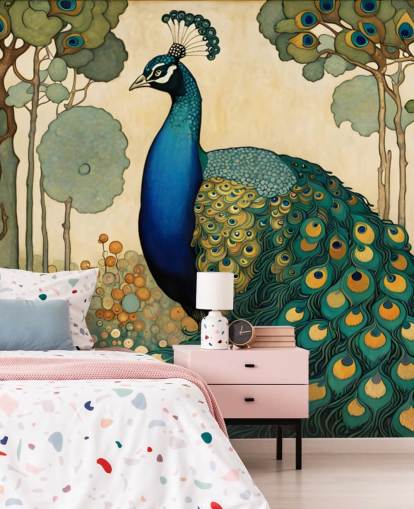 blue, teal and gold peacock wall mural called Art Nouveau Peacock for bedrooms, living rooms and dining rooms