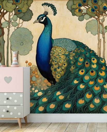 mural de pared de pavo real azul, verde azulado y dorado llamado Art Nouveau Peacock para dormitorios, salas de estar y comedores
