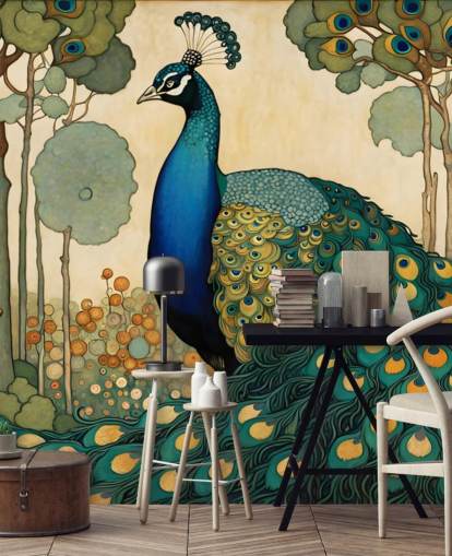 murale con pavone blu, verde acqua e oro chiamato Art Nouveau Peacock per camere da letto, salotti e sale da pranzo